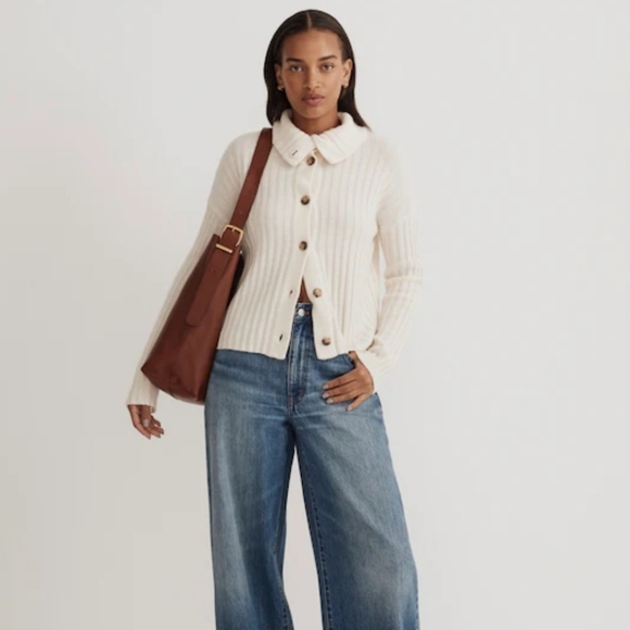 Madewell Niles Wide Rib Collar Cardigan in Cream Size Medium - Picture 2 of 13